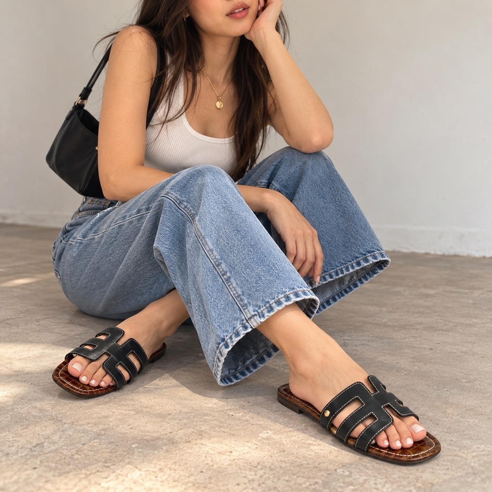 Sam Edelman Bay Leather Slide Sandals Black Brown Croc Embossed Flat 9M